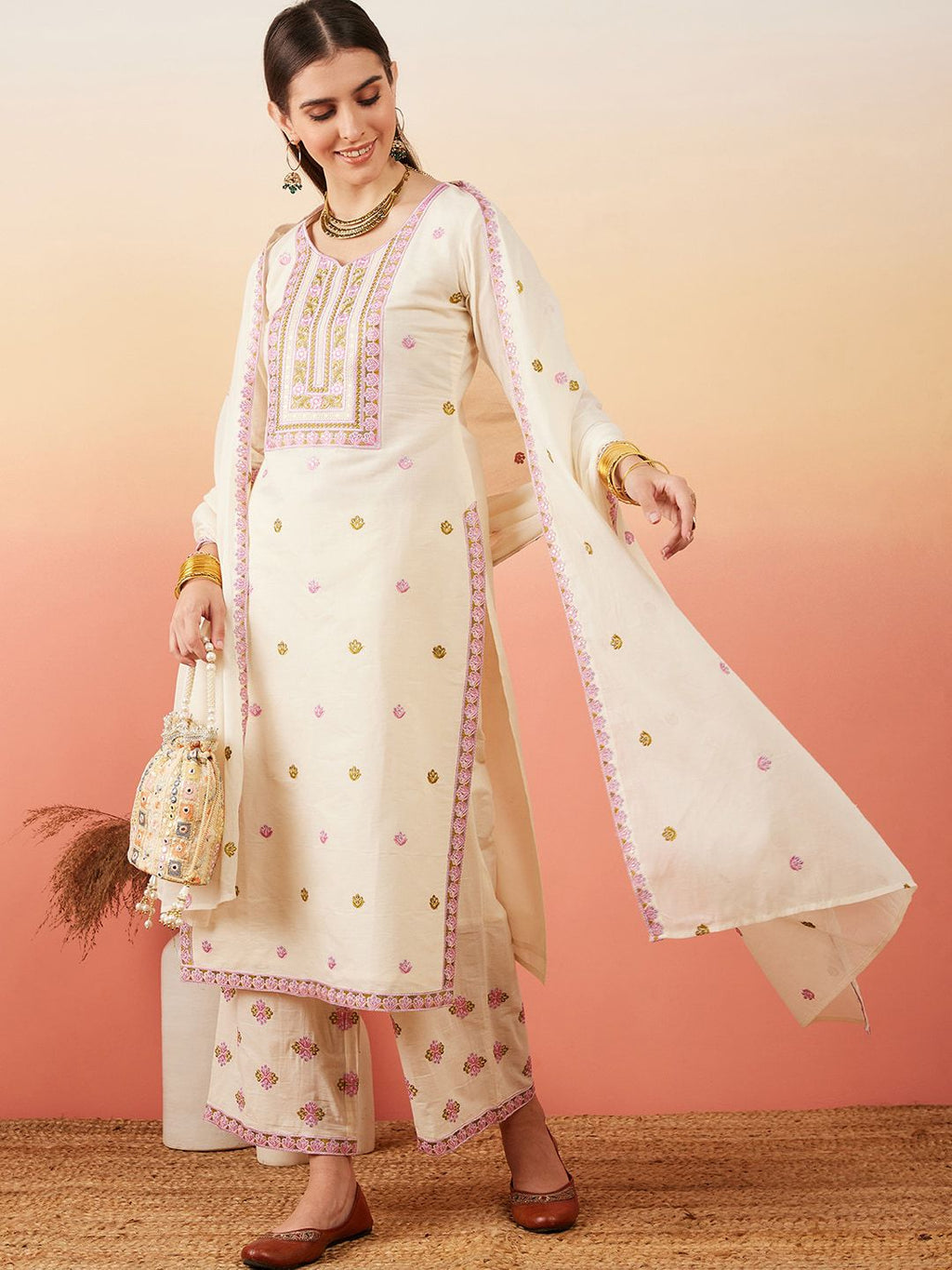 Sangria Floral Embroidered Pure Cotton Straight Kurta With Palazzo & Dupatta