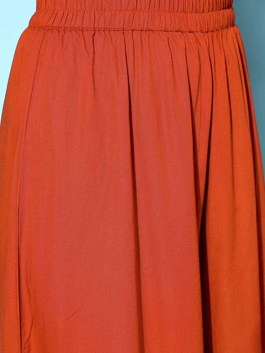 All About You Brick Red Printed Dipped Hem Veere Di Wedding A-Line Kurta with Palazzos