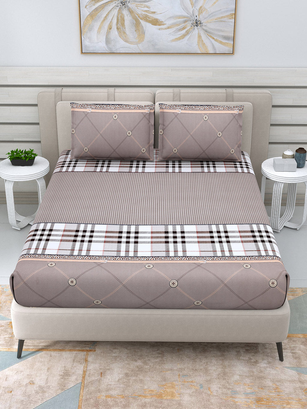 DREAM WEAVERZ Beige Checked 220 TC Glazed Cotton Bedsheet with Pillow Covers