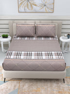 DREAM WEAVERZ Beige Checked 220 TC Glazed Cotton Bedsheet with Pillow Covers
