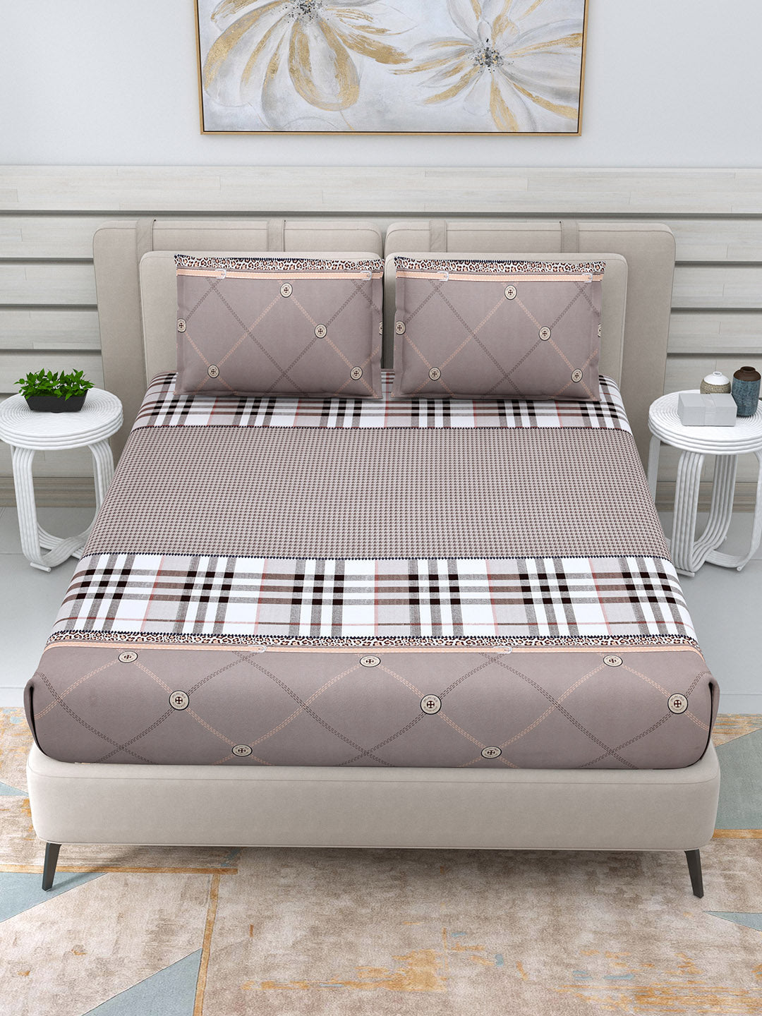 DREAM WEAVERZ Beige Checked 220 TC Glazed Cotton Bedsheet with Pillow Covers