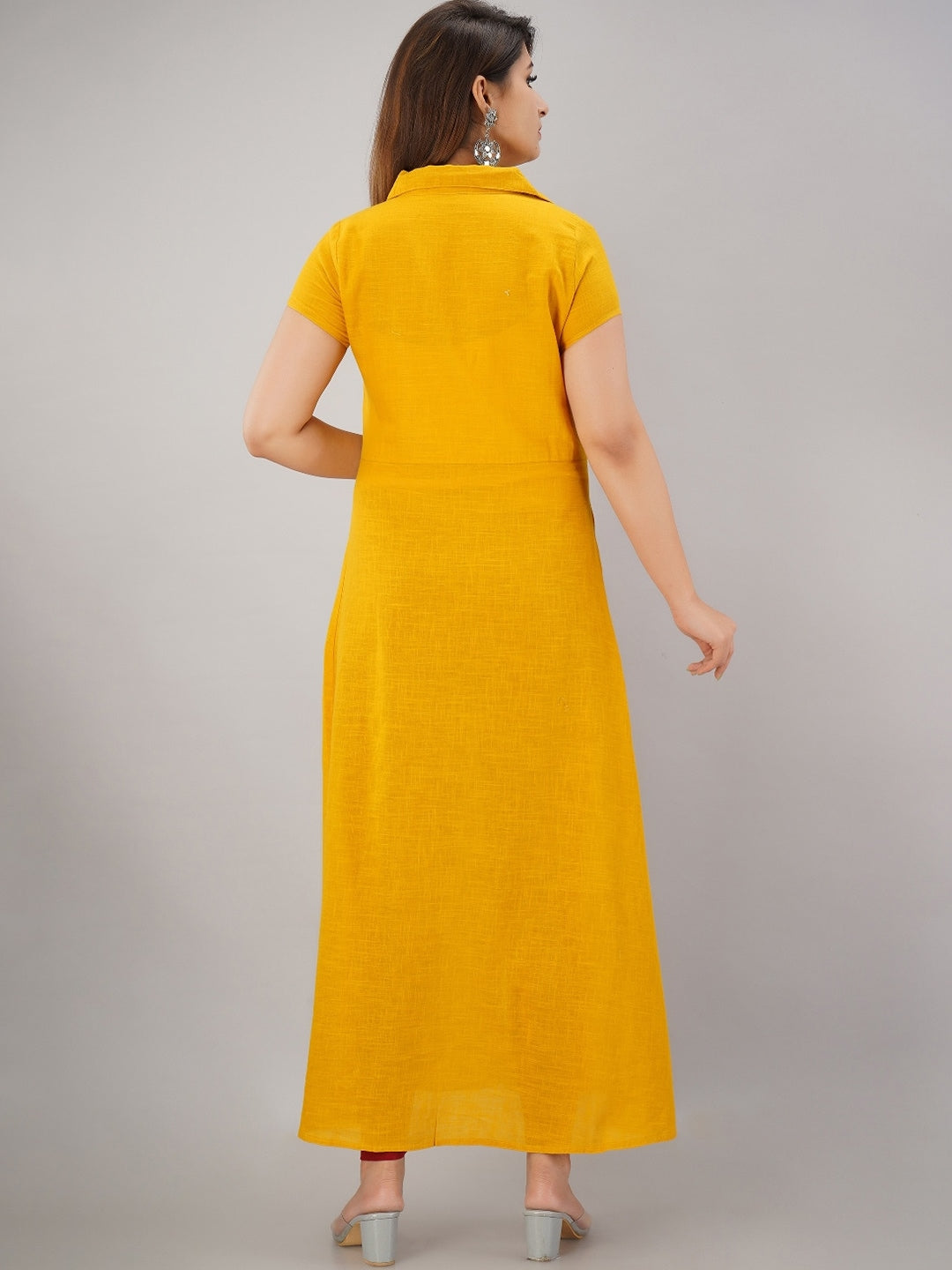 HERE&NOW Mustard Yellow Shirt Collar Thread Work A-Line Kurta