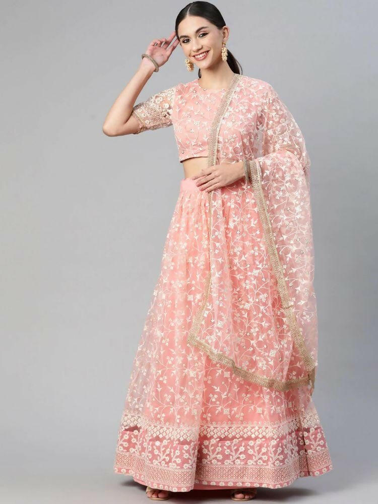 Peach Soft Net Thread Embroidery Work Lehenga Choli - Jihu Culture