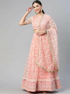 Peach Soft Net Thread Embroidery Work Lehenga Choli - Jihu Culture