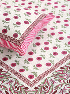 Rajasthan Decor White & Pink Ethnic Motifs 144 TC King Bedsheet with 2 Pillow Covers