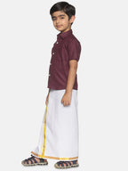 Sethukrishna Boys Maroon & White Pure Cotton Solid Shirt and Dhoti Set