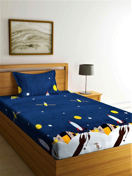 Home Sizzler Blue & Yellow Cartoon Characters 210 TC Bedsheet with Pillow Covers