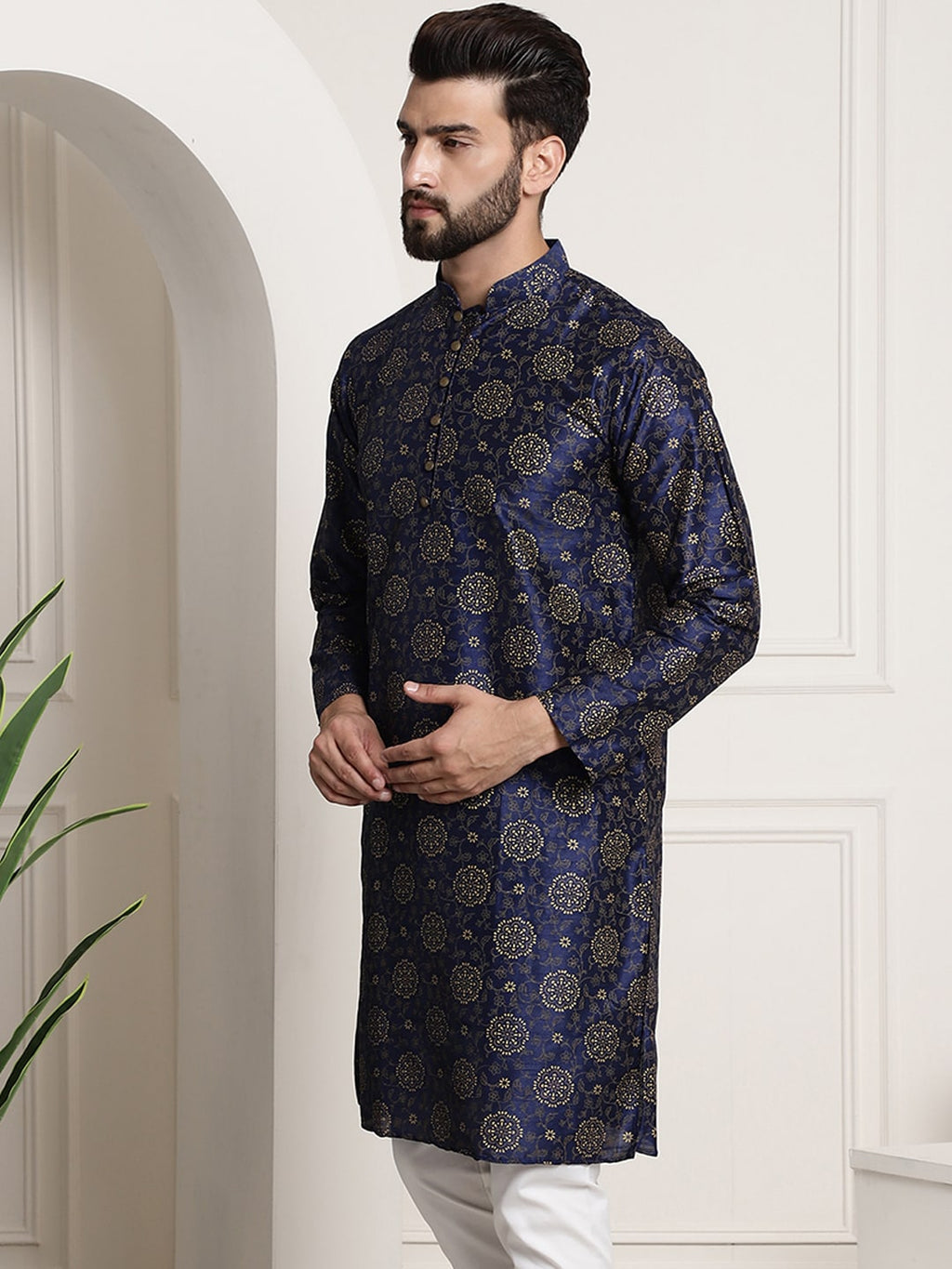 Sojanya Men Navy Blue & Golden Ethnic Motifs Printed Indigo Kurta