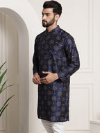 Sojanya Men Navy Blue & Golden Ethnic Motifs Printed Indigo Kurta