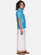 Sethukrishna Boys Turquoise Blue & White Solid Cotton Shirt & Dhoti Set
