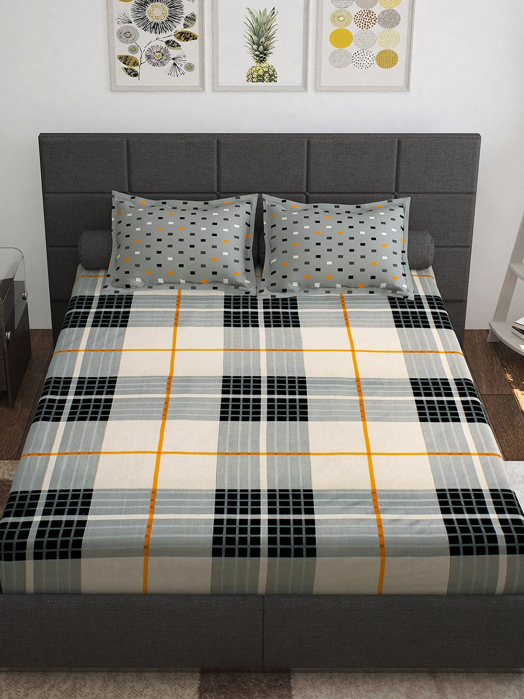 Story@home White & Grey Geometric Cotton 152 TC Queen Bedsheet With 2 Pillow Covers