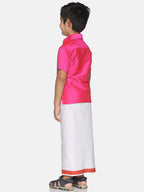Sethukrishna Pink & White Solid Shirt with Veshti Set For Boys
