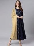Janasya Navy Blue Floral Printed Crepe Anarkali Kurta with Dupatta - Distacart