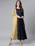 Janasya Navy Blue Floral Printed Crepe Anarkali Kurta with Dupatta - Distacart