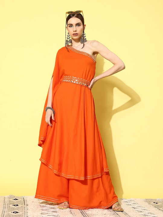 InWeave Women's Orange Oneshoulder Mirror Work Belted Kurta Set