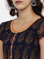 Souchii Navy Blue Printed Fit and Flare Dress - Distacart