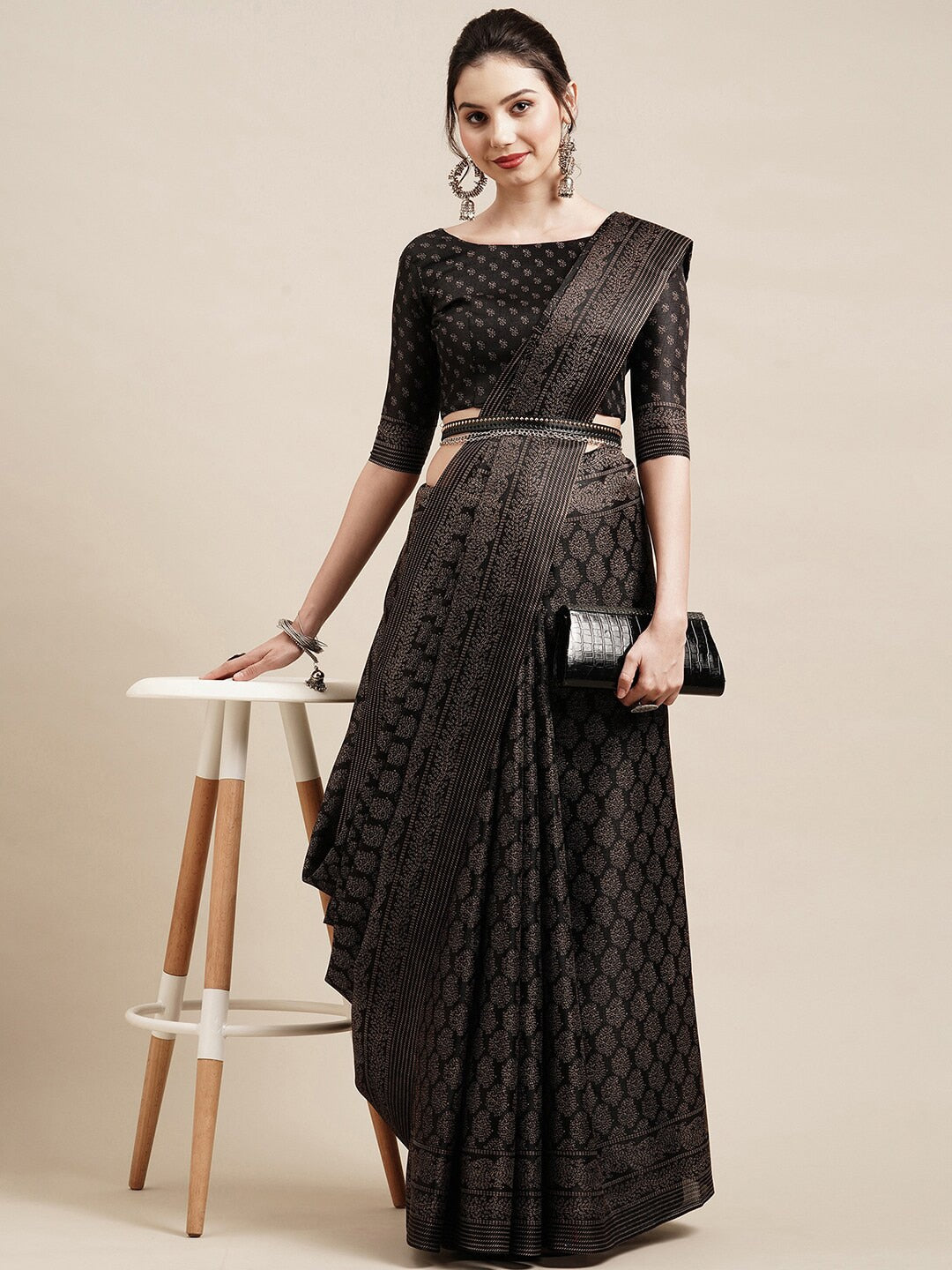 Saree Mall Black & Grey Floral Printed Art Silk Bhagalpuri Sarees