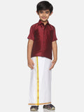 Sethukrishna Maroon & & White Pure Cotton Solid Shirt Veshti Set For Boys