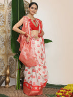 Shree Shyam Fashion Linen Cotton Red & White Saree - Distacart