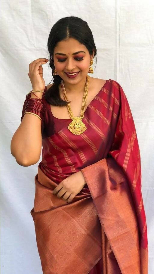 DEIANA'S Beautiful Designer Golden zari Soft Lichi Silk Saree - Brown