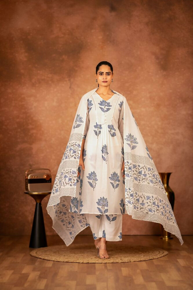 Joban Fashion Off White Blue Hand Block Printed Cotton Suit Set - Distacart