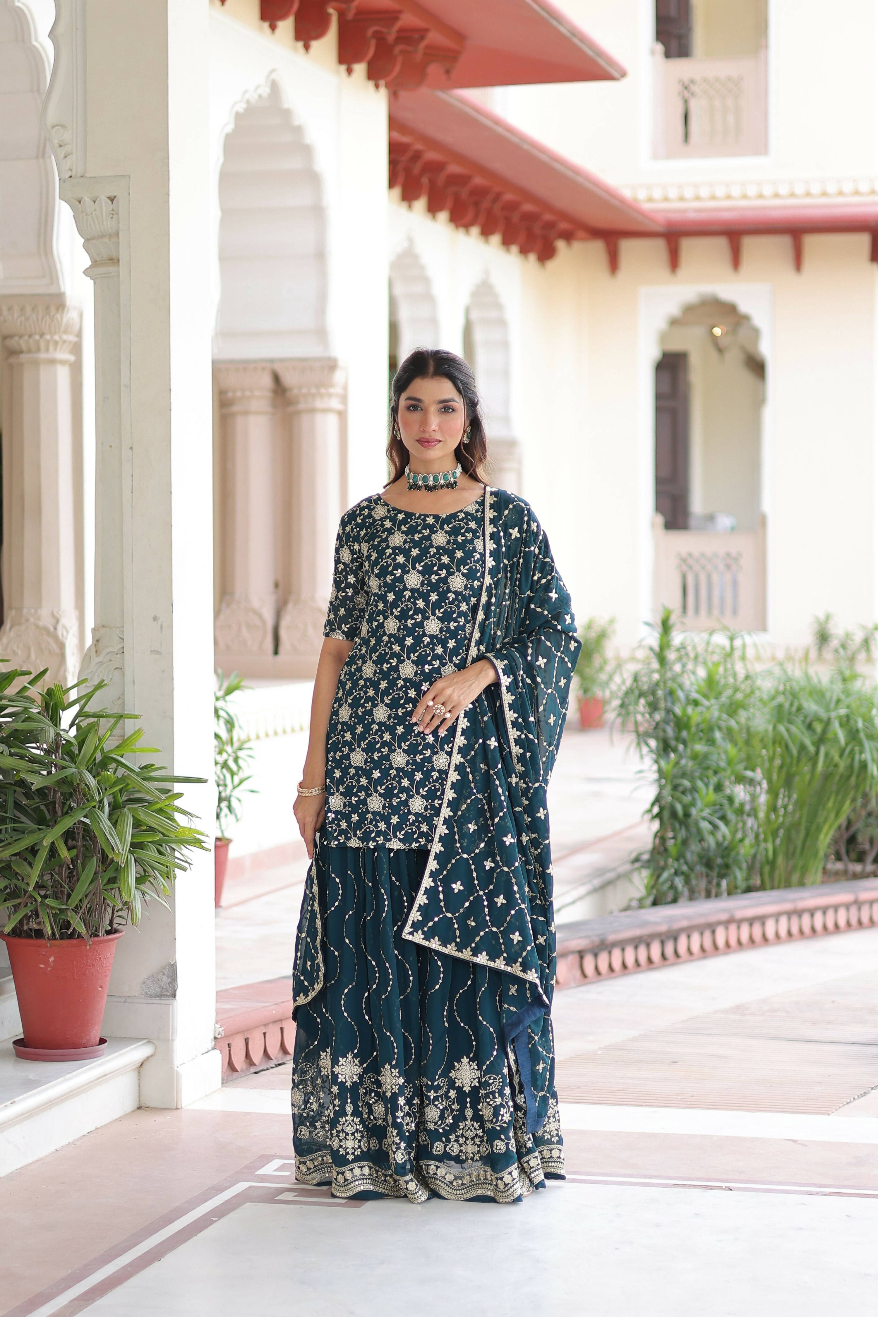 Joban Fashion Rama Green Readymade Kurta Set With Sequence embroidery Work - Distacart