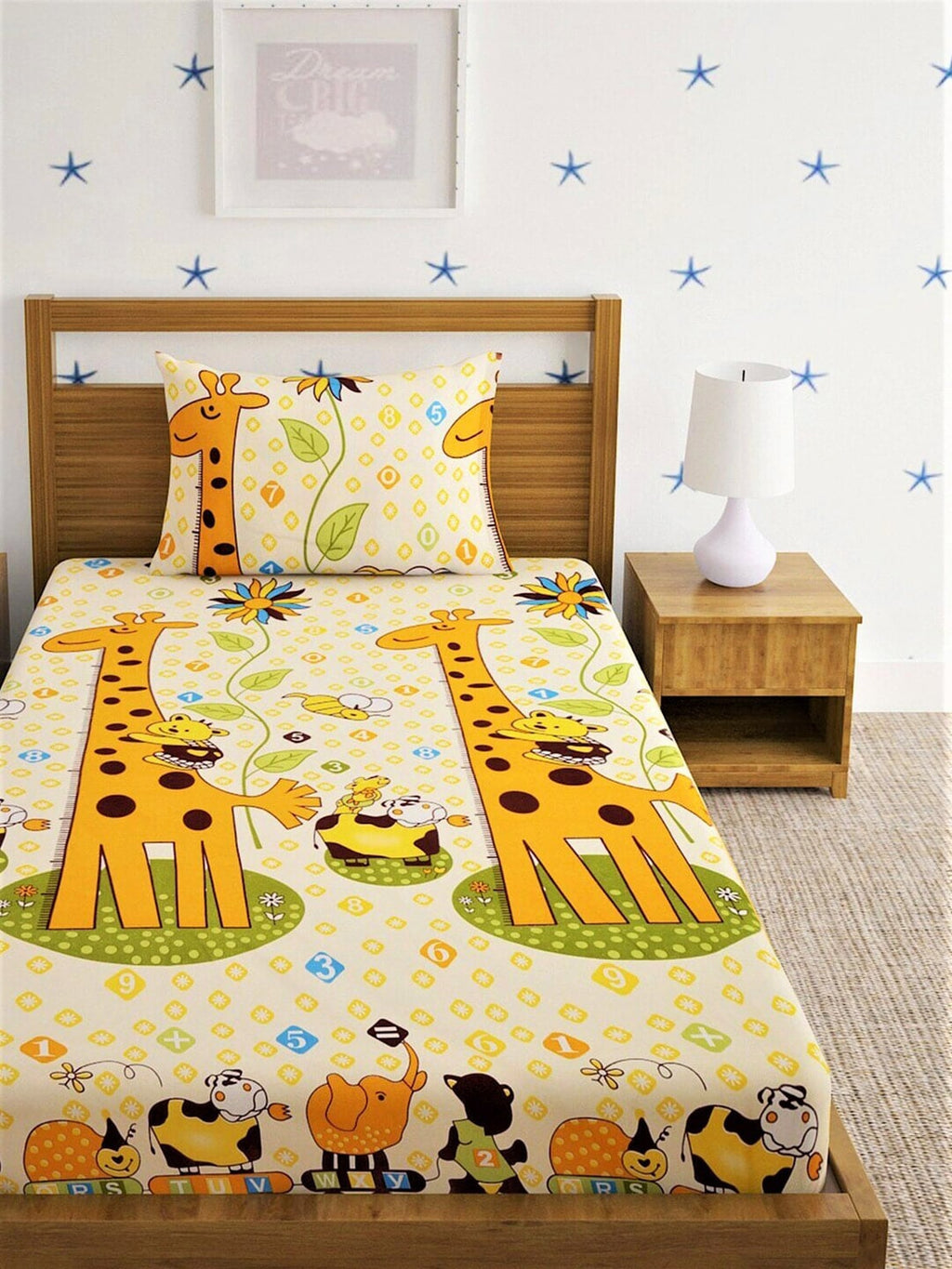 Home Sizzler Yellow & Orange Cartoon Characters 210 TC Single Bedsheet with 1 Pillow Covers