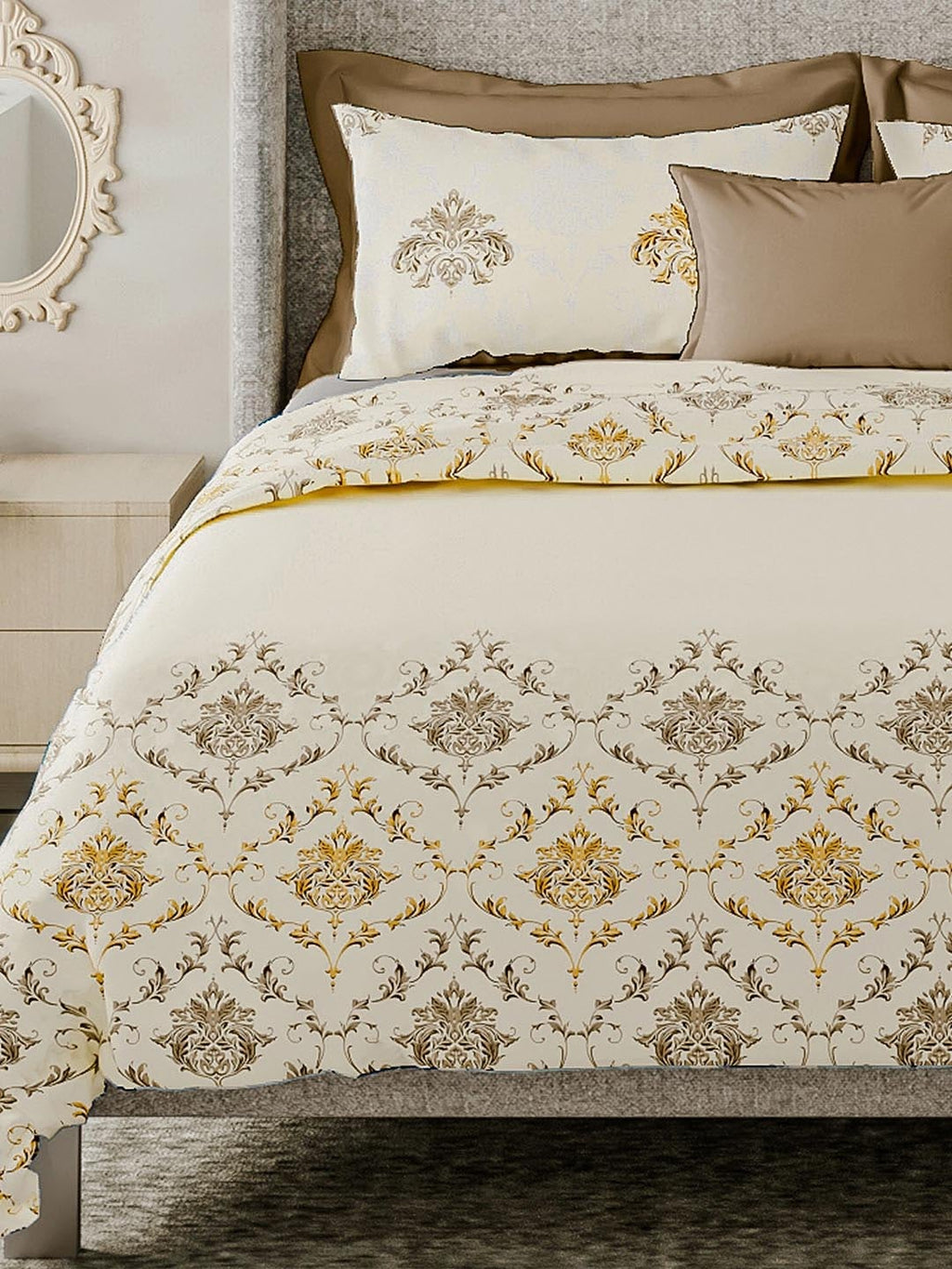 LABHAM Cream-Coloured & Brown Ethnic Motifs Cotton 180 TC King Bedsheet & 2 Pillow Covers