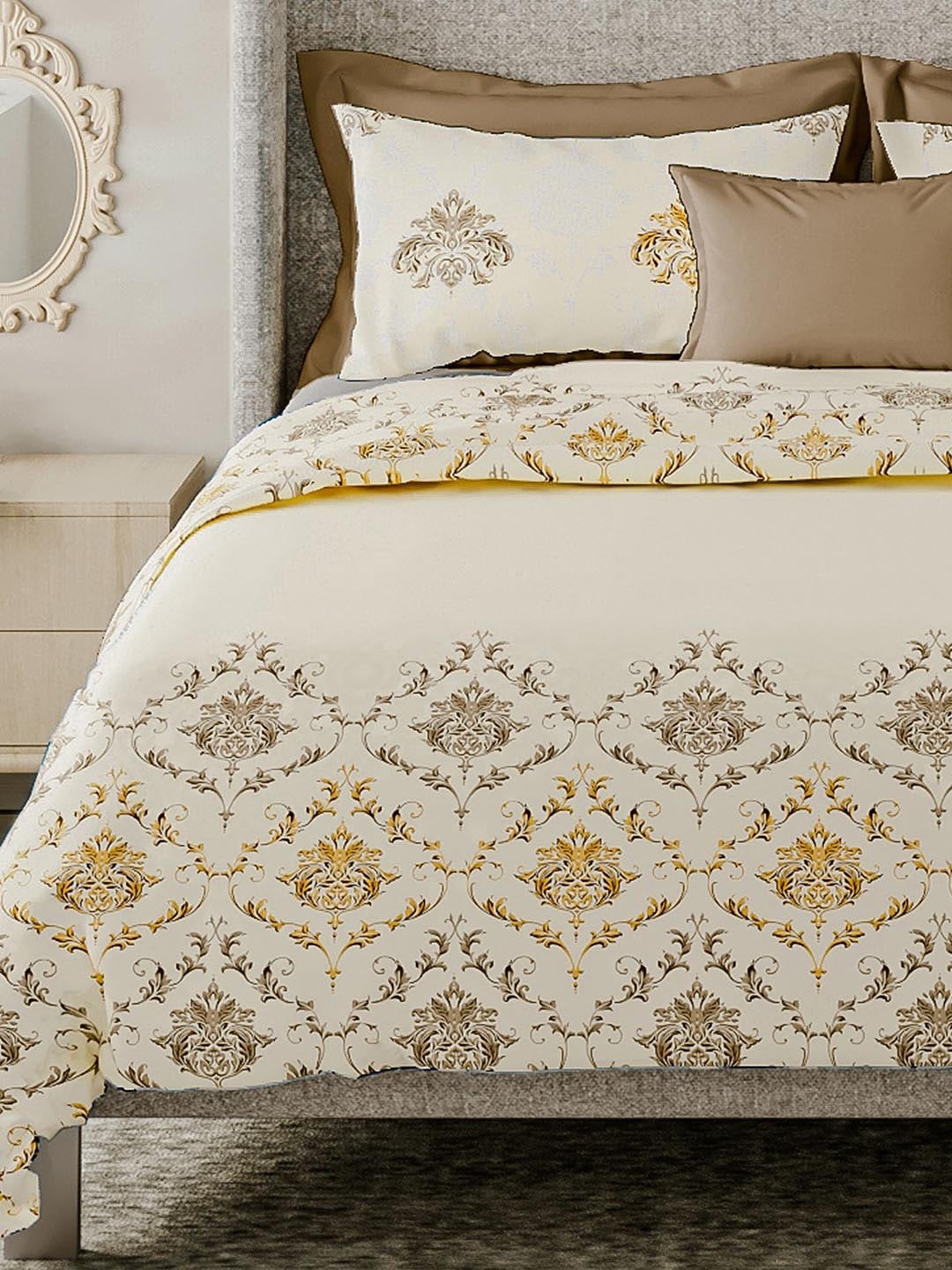 LABHAM Cream-Coloured & Brown Ethnic Motifs Cotton 180 TC King Bedsheet & 2 Pillow Covers