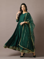 Myshka Women's Green Solid Silk Anarkali Party Kurta With Dupatta