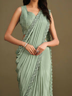Sea Green Crepe Silk Sequence Embroidered With Stone & Sequence Work Jacket Saree With Stitched Blouse - Mohmanthan La Belle