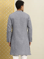 House of Pataudi Men Navy Blue & White Woven Design Straight Kurta