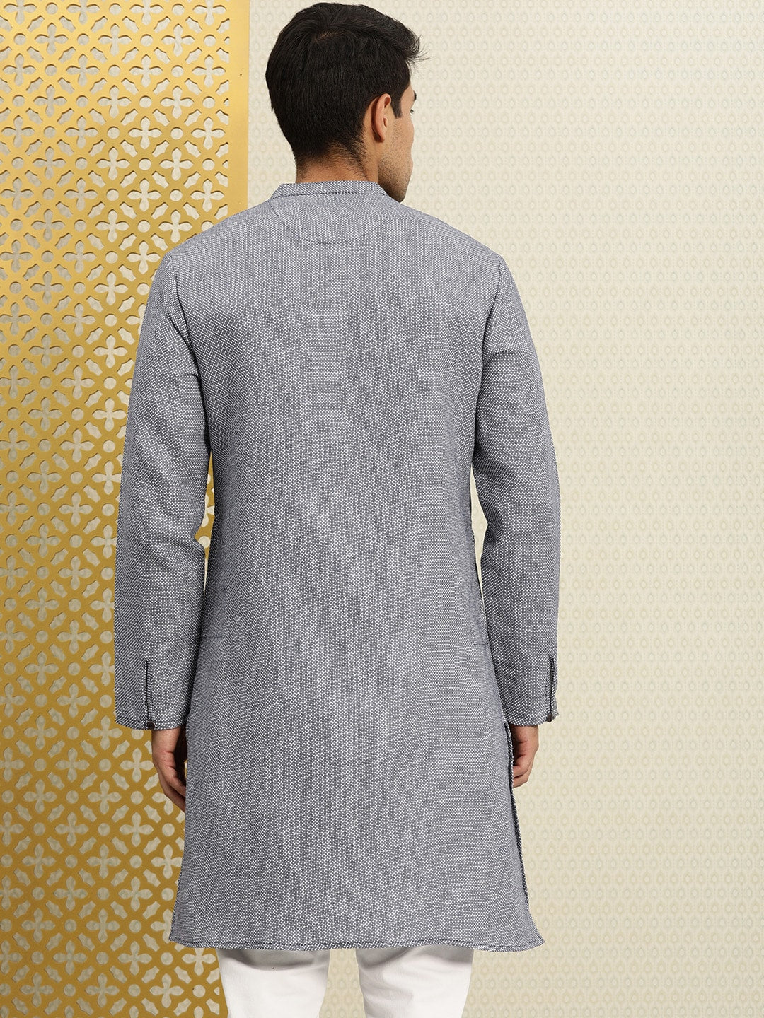 House of Pataudi Men Navy Blue & White Woven Design Straight Kurta