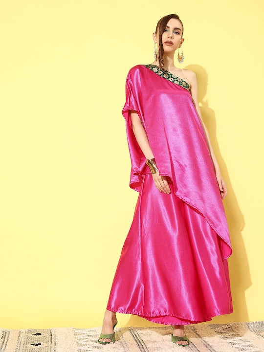 InWeave Women's Pink Green Brocade Satin Oneshoulder Kurta Set