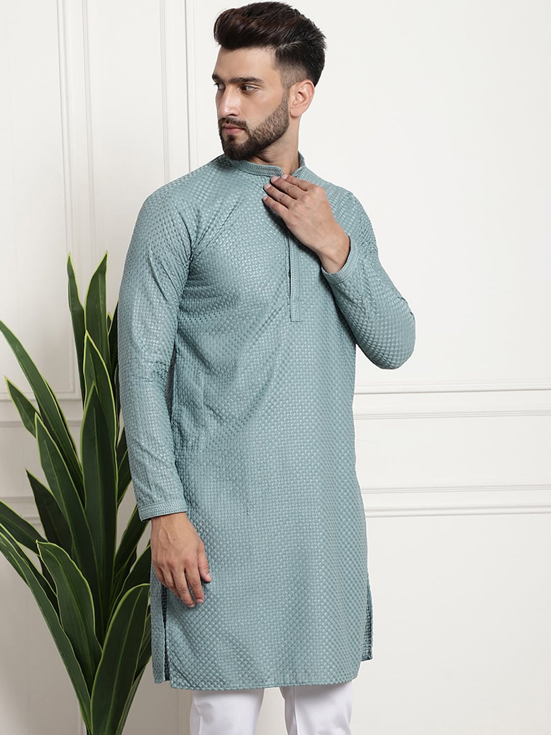Sojanya Woven Design Mandarin Collar Straight Cotton Kurta