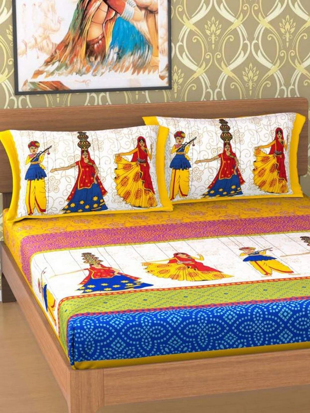 Rajasthanikart Yellow Ethnic Motifs Cotton 110 TC Queen Bedsheet with 2 Pillow Covers