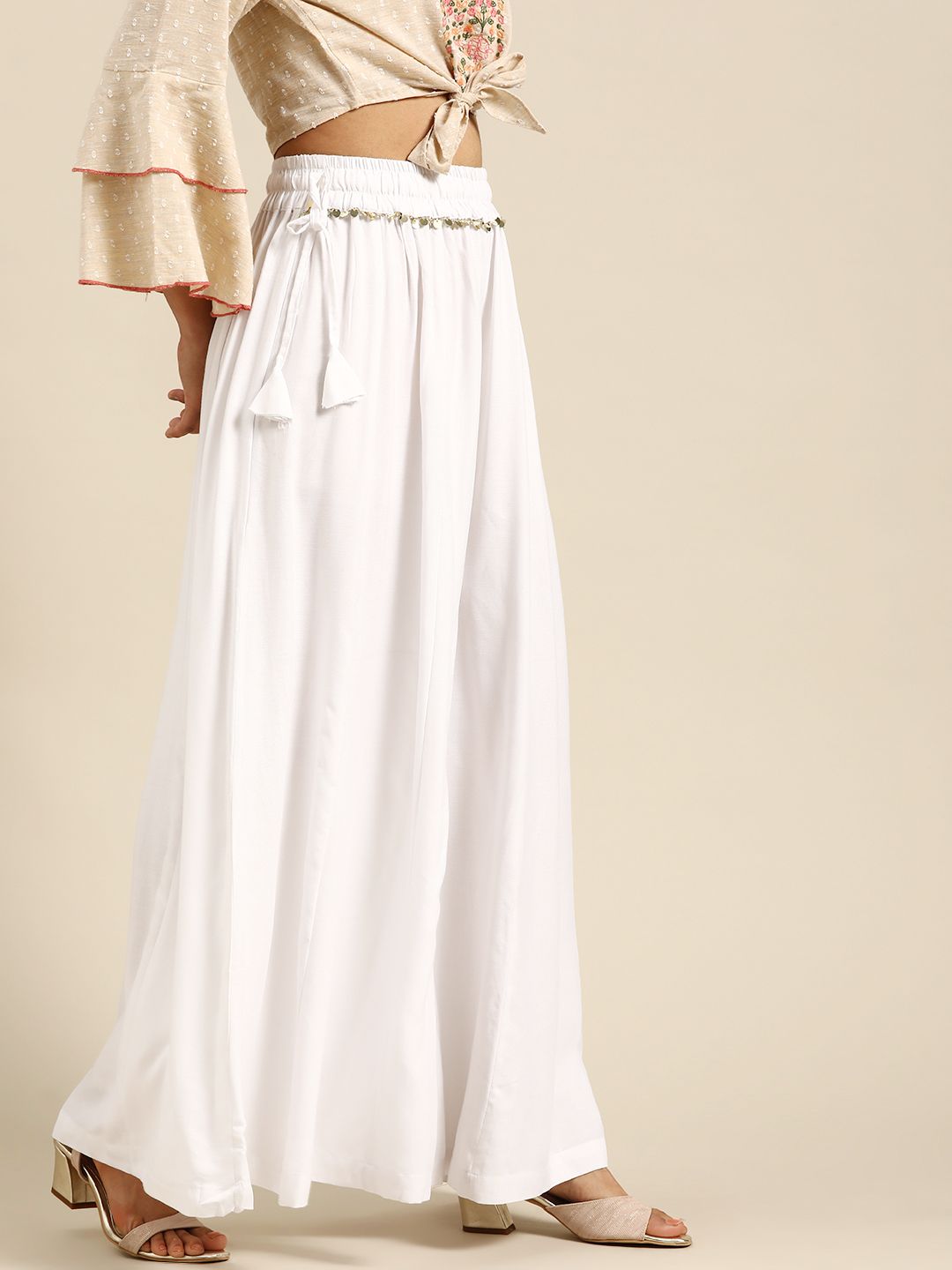 TAG 7 Women White Solid Flared Palazzos