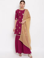 Janasya Magenta Printed Kurta with Sharara & Dupatta - Distacart