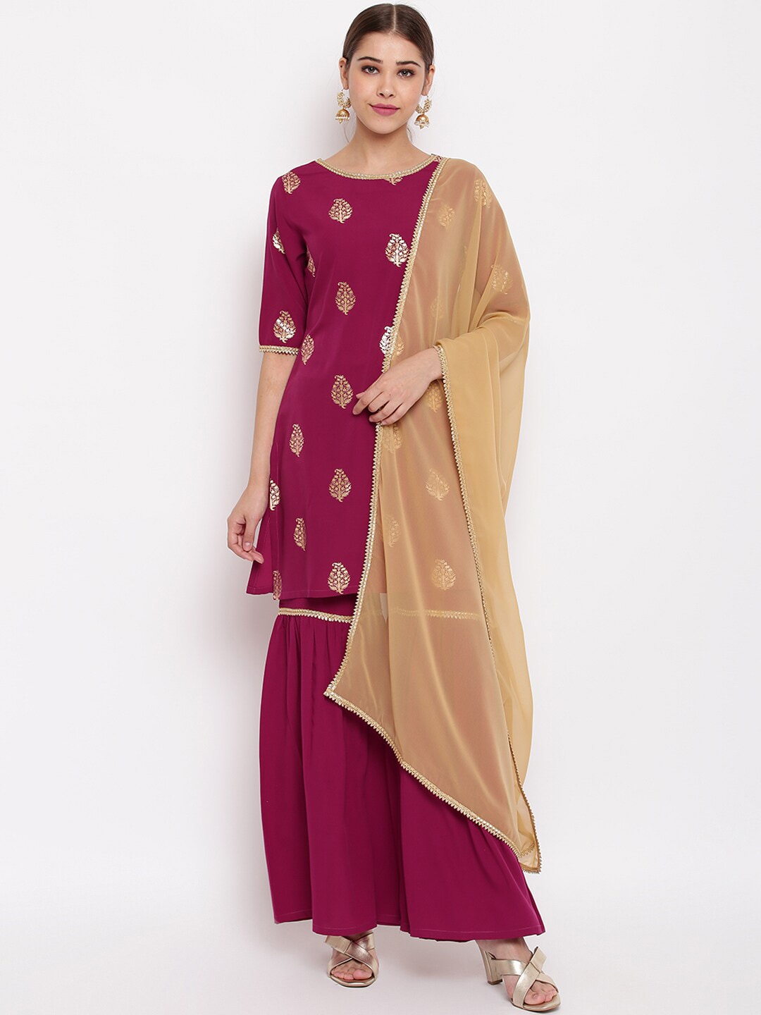Janasya Magenta Printed Kurta with Sharara & Dupatta - Distacart