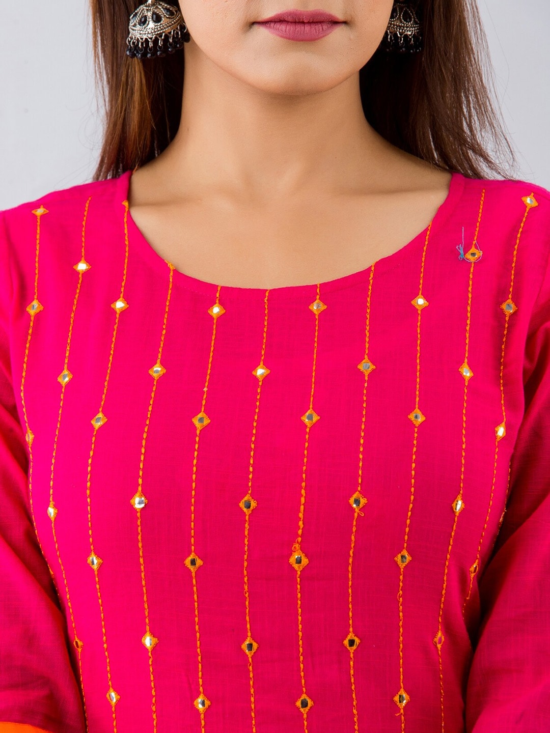 HERE&NOW Pink & White Geometric Embroidered Mirror Work Kurta with Palazzos