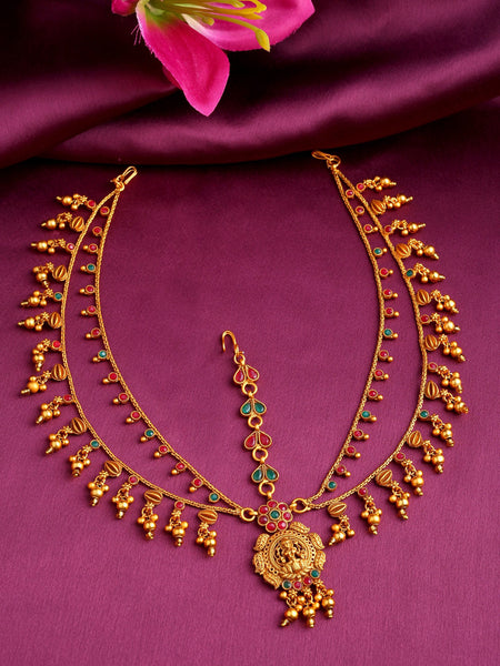 Yellow Chimes Gold-Polished Pink & Green Stone Studded Ghungroo Beaded Mathapatti