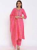 HERE&NOW Pink & Green Floral Embroidered Zari Work Kurta with Palazzos & Dupatta