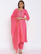 HERE&NOW Pink & Green Floral Embroidered Zari Work Kurta with Palazzos & Dupatta
