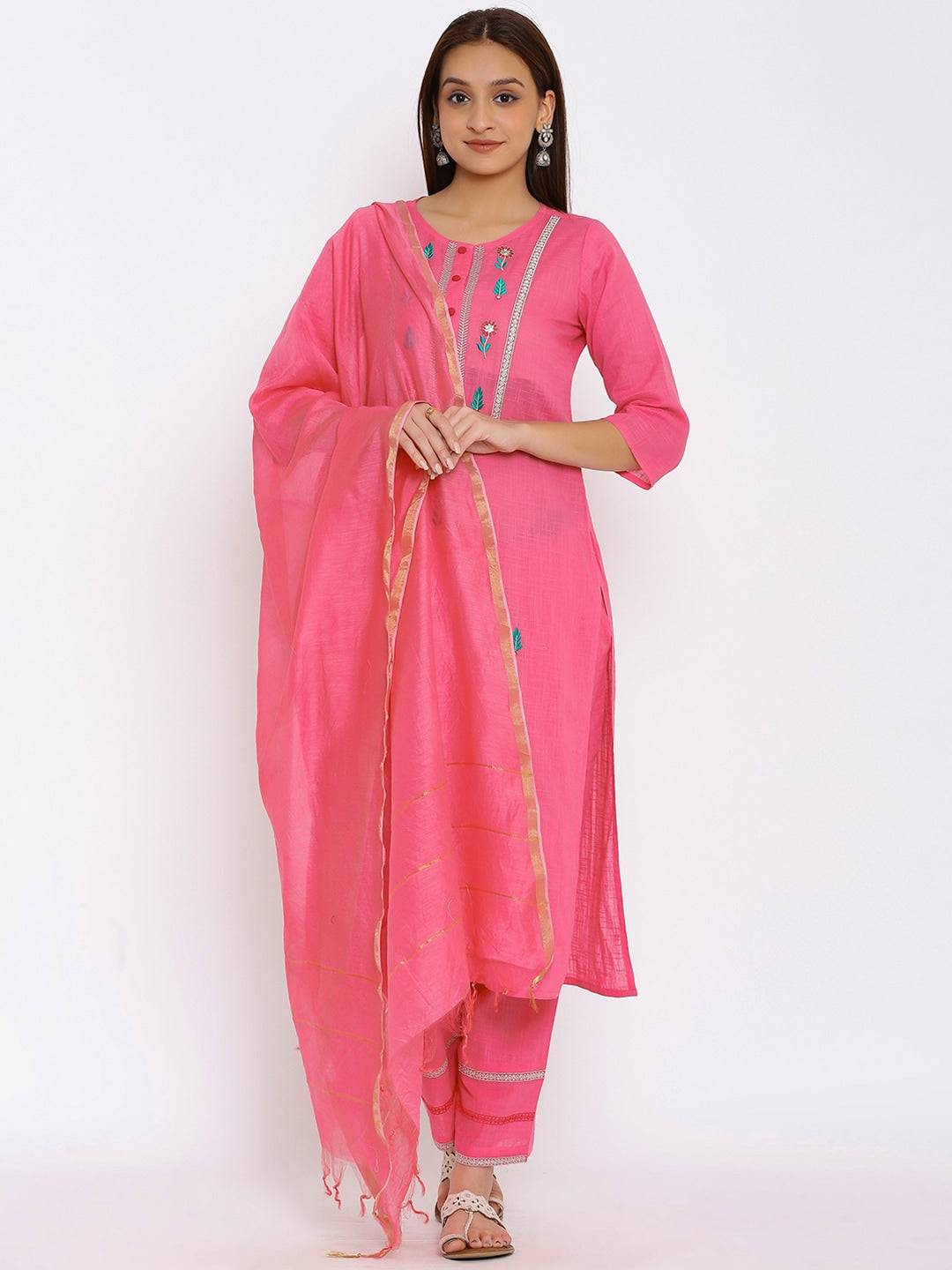 HERE&NOW Pink & Green Floral Embroidered Zari Work Kurta with Palazzos & Dupatta
