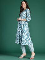 Indo Era Floral Printed Pure Cotton Kurta with Trousers & With Dupatta - Distacart