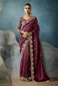 Monjolika Fashion Wine Tissue Embroidered Sequins And Zari Work Saree - Distacart
