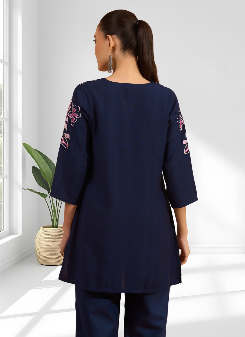 Joban Fashion Navy Blue Cotton, Linen Embroidered Readymade Cord Set - Distacart