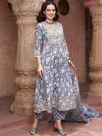 Sangria Blue Printed Thread Work Pure Cotton Empire A-Line Kurta with Trousers & Dupatta