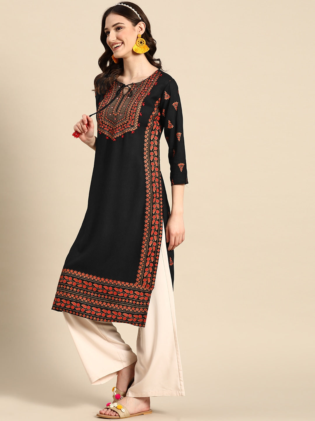 Sangria Floral Yoke Printed Mirror Work Kurta