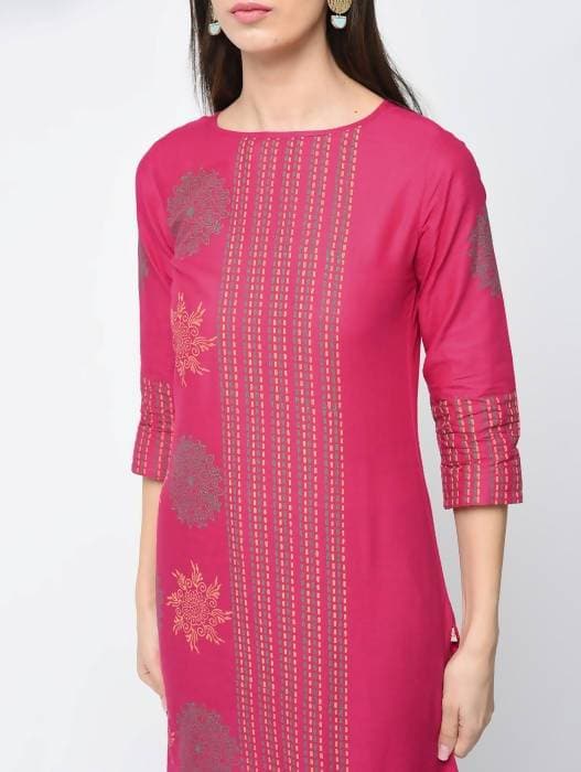 Aniyah Cotton Block Printed Straight Kurta Magenta Color (AN-127K)